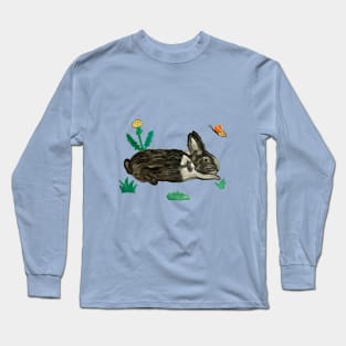 Rabbit with Butterfly and Dandelions Pink Painting Long Sleeve T-Shirt